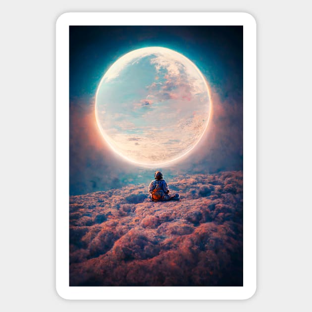 Astronaut sitting on clouds in front of moon Sticker by MoEsam95